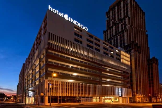 Hotel INDIGO Memphis skyline at dusk showcasing modern architecture in downtown Memphis, Tennessee.