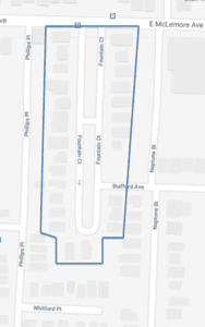 Vacant lot outlined on a map in Memphis, Tennessee, highlighting Memphis Heritage Inc. property boundaries for preservation and community development efforts.