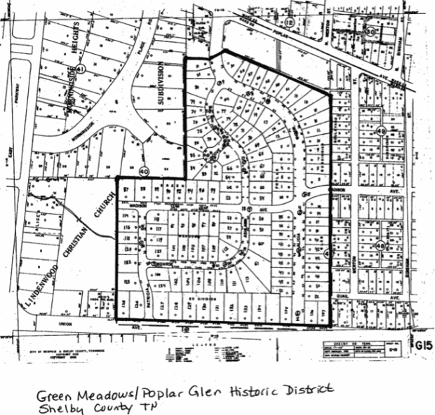 Memphis Heritage Inc. historic district map of Green Meadows and Poplar Glen neighborhoods in Shelby County with detailed lot layouts and street names.