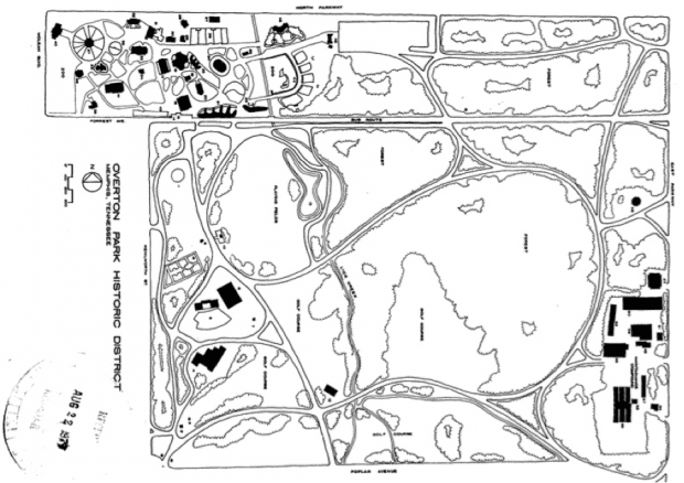 Greenwood Cemetery historic park map with marked pathways, plots, and surrounding structures in Memphis, Tennessee.