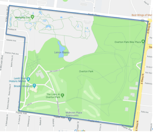 Overton Park, Memphis, Tennessee with green spaces, lakes, and recreational areas, including Overton Park Bike Plaza and Memphis Zoo, showcasing Memphis Heritage Inc.'s community and natural attractions.