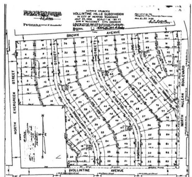 Vollintine Hill subdivision map in Memphis, Tennessee showcasing detailed lot layouts and streets, emphasizing Memphis Heritage Inc.'s focus on historic neighborhoods and preservation.