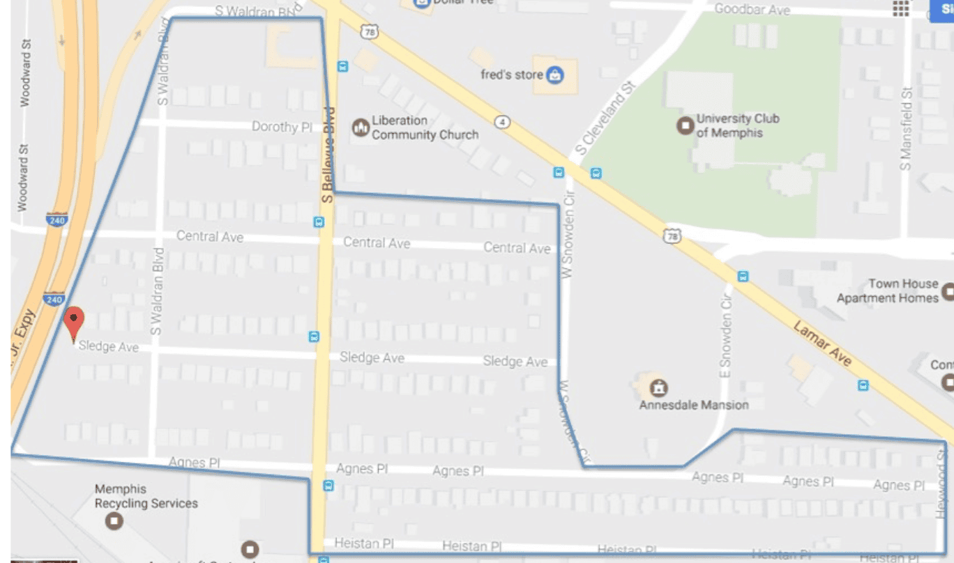 Memphis Heritage Inc. map highlighting key landmarks and neighborhoods in Memphis, Tennessee, including Sledge Avenue, Central Avenue, and nearby landmarks like the University Club of Memphis and Memphis Recycling Services.