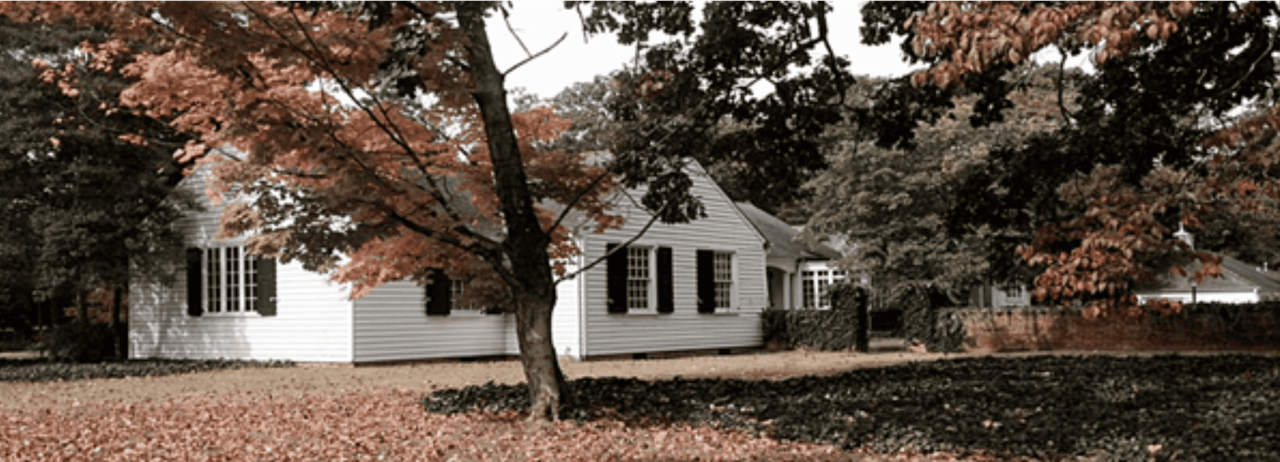 Memphis historic house with fall foliage in Memphis Tennessee, heritage preservation, autumn trees, classic white architecture, Memphis Heritage Inc.