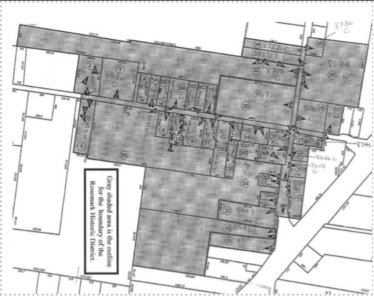 Grayscale historical map of Memphis Heritage Inc. area showing property boundaries, lot numbers, and detailed site layout for preservation and heritage conservation efforts in Memphis.