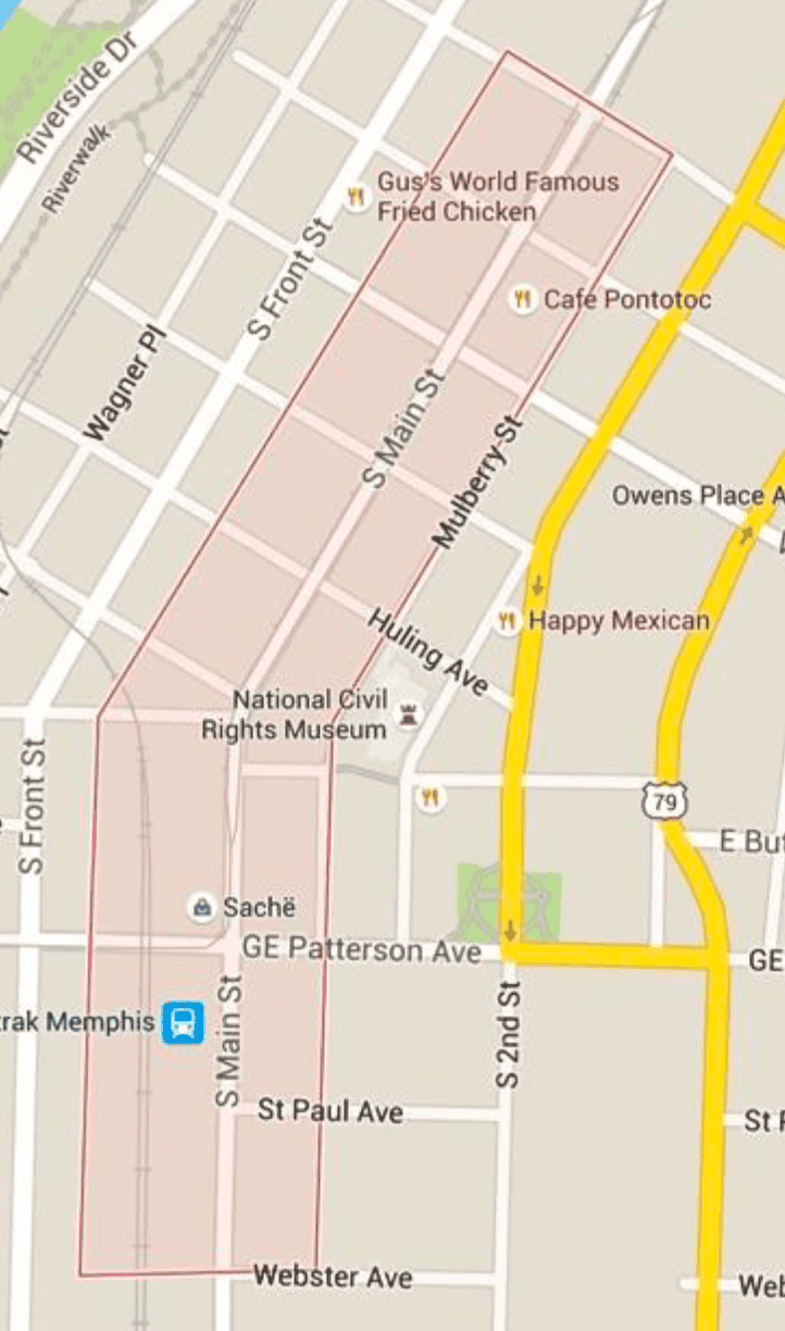 Memphis Heritage Inc. neighborhood map highlighting Main Street, South Front Street, and surrounding landmarks in Memphis, Tennessee.
